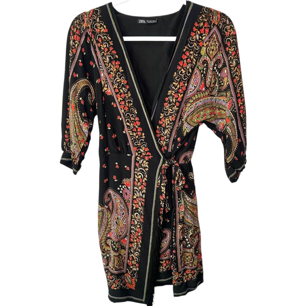 Zara Black Paisley Half-Wrap Festival Dress w/ Fringe Small - Picture 2 of 10